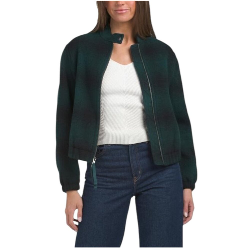 VINCE Wool Blend Shadow Plaid Bomber Jacket